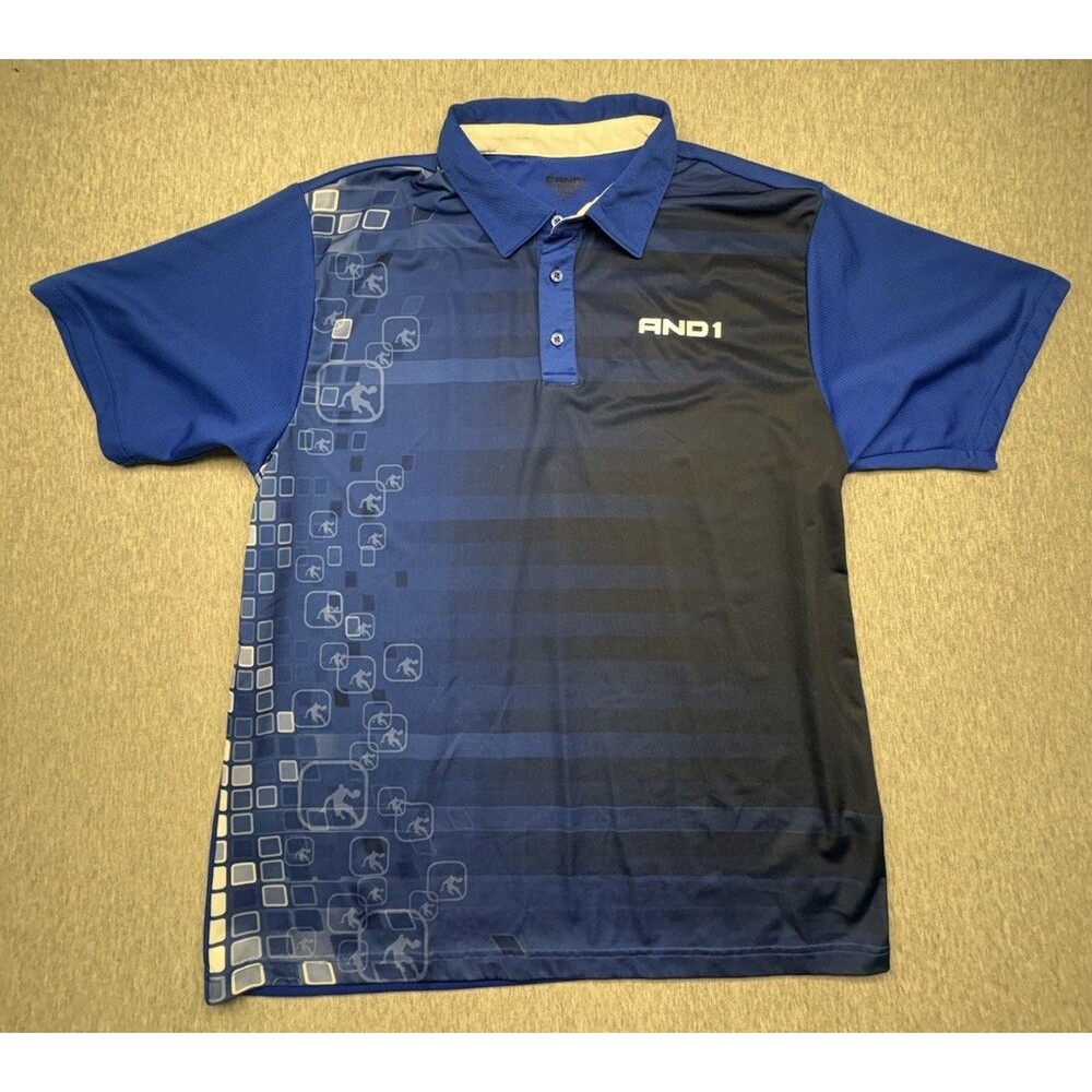 AND1 Pro Performance Polo Shirt Blue Black Graphic Print Men SIZE LARGE